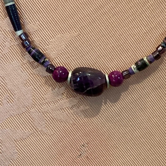 Stone Necklace. Amethyst, glass, seed and tube beads. Fish Hook clasp. - Picture 4 of 16